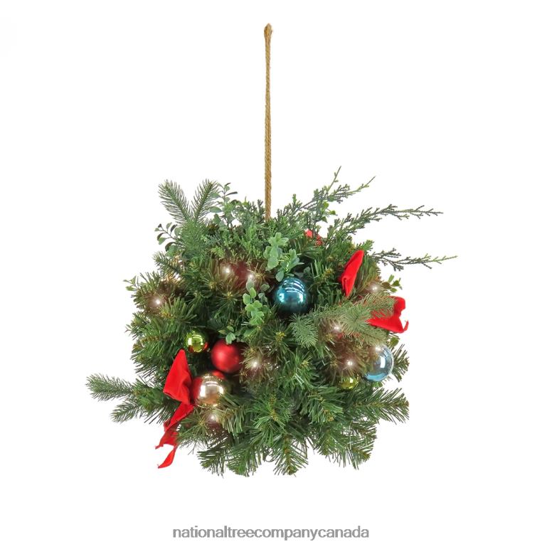 National Tree Company 16 Christmas Be Merry Decorated Kissing Ball with Fabric Bow 50 Warm White LED Lights- Battery Operated with Remote Control 68R08453