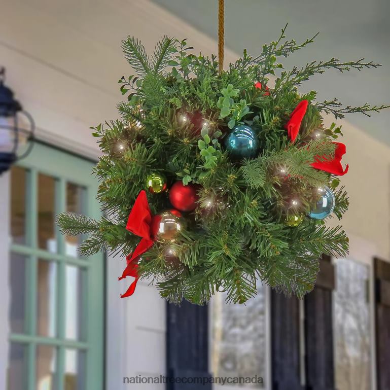National Tree Company 16\ Christmas Be Merry Decorated Kissing Ball with Fabric Bow 50 Warm White LED Lights- Battery Operated with Remote Control 68R08453