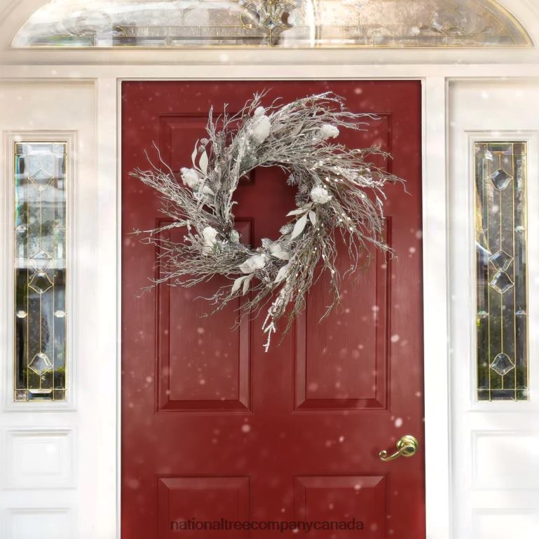 National Tree Company 24\ Christmas Alpine Trimmed Snow Lump Wreath 150 Pure White LED Rice Lights- Battery Operated with Remote Control 68R08278