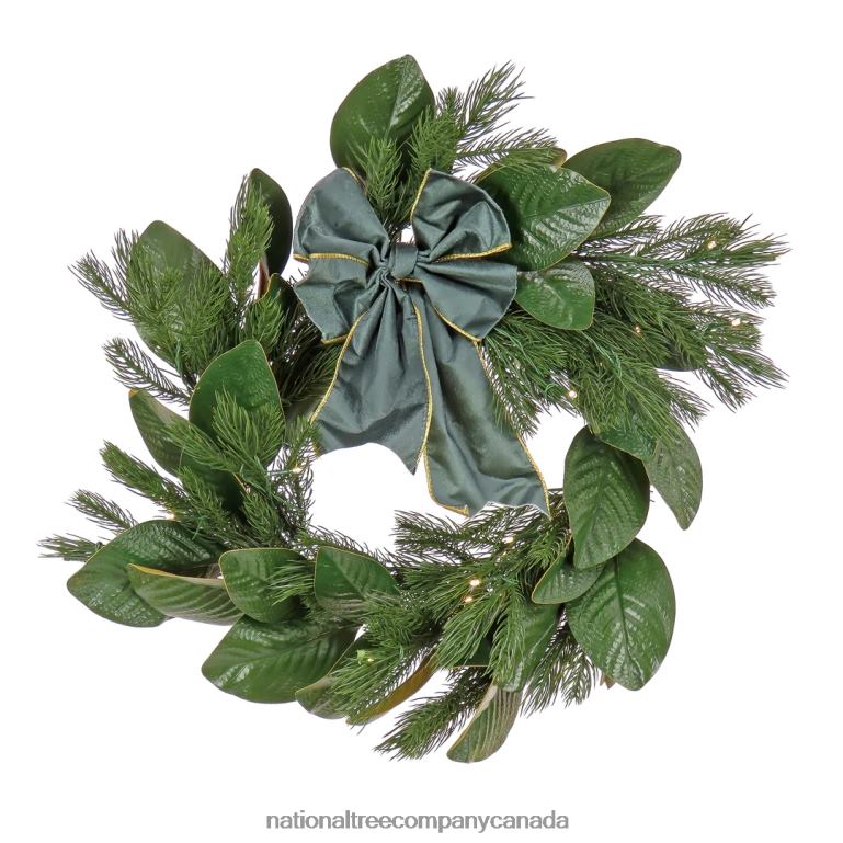National Tree Company 24 Magnolia Mix Pine Wreath with Fabric Bow 50 Warm White LED Lights- Battery Operated with Remote Control 68R08309