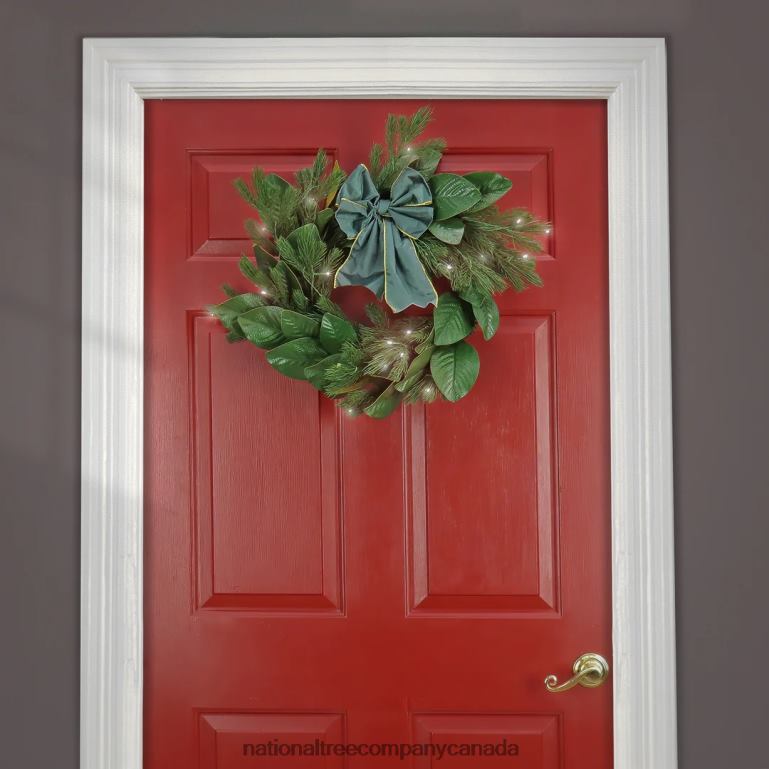 National Tree Company 24\ Magnolia Mix Pine Wreath with Fabric Bow 50 Warm White LED Lights- Battery Operated with Remote Control 68R08309