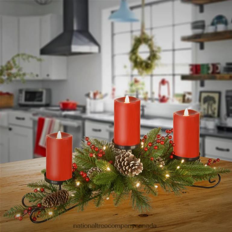 National Tree Company 30\ Battery Operated Bristle Berry Centerpiece with Three Candles 68R08460