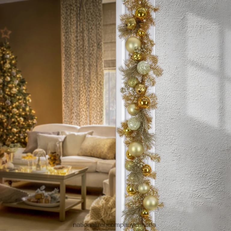 National Tree Company 9\ Christmas Be Merry Trimmed Gold Garland 75 Warm White LED Lights- Battery Operated with Remote Control 68R08359