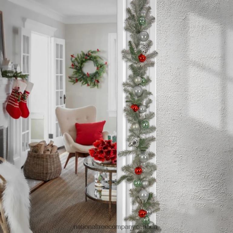 National Tree Company 9\ Christmas Be Merry Trimmed Silver Garland 75 Pure White LED Lights- Battery Operated with Remote Control 68R08421