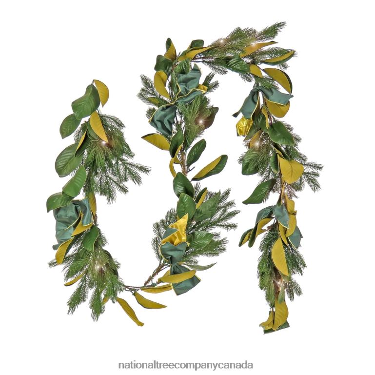 National Tree Company 9 Christmas Magnolia Mix Pine Garland with Fabric Bow 75 Warm White LED Lights- Battery Operated with Remote Control 68R08422