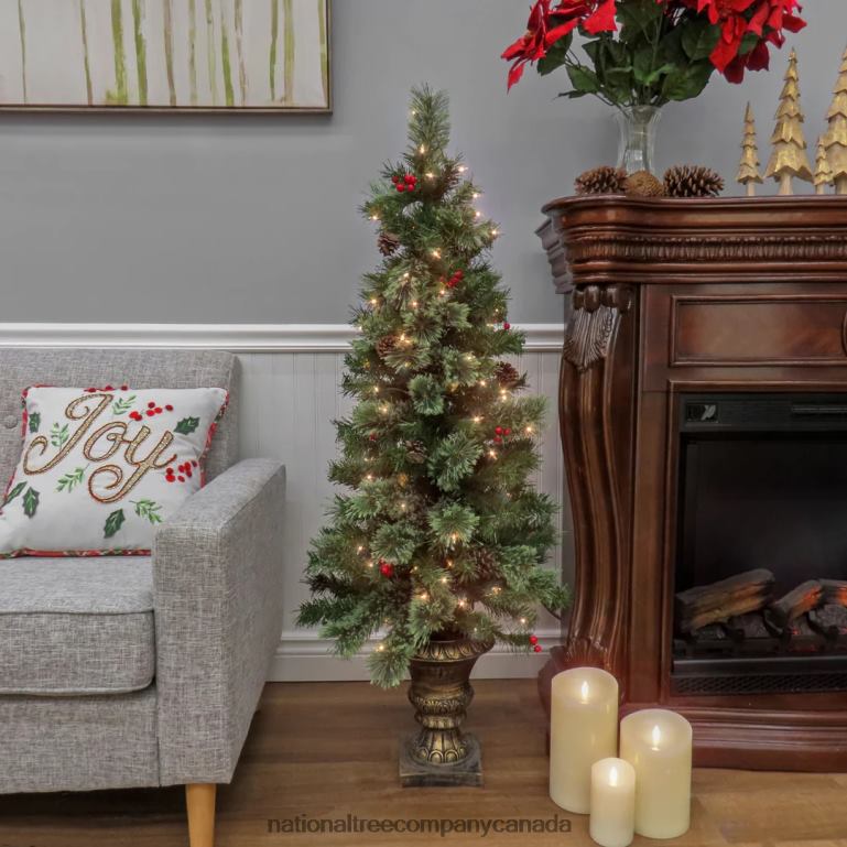 National Tree Company Artificial Cashmere Cone  Berry Entrance Christmas Tree in Bronze Urn with Red Berries and Pinecones Pre-Lit with Clear Incandescent Lights Plug In 45 ft 68R084