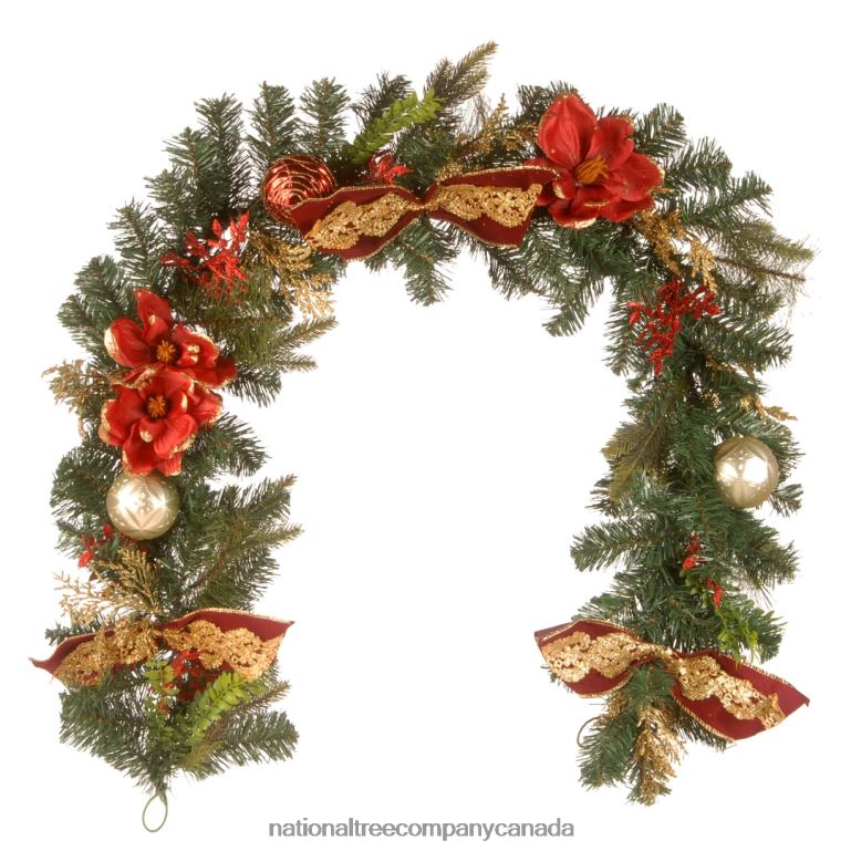 National Tree Company Artificial Christmas Garland Green Evergeen Decorated With Ball Ornaments Poinsettia Flowers Ribbon Bows Plug In Christmas Collection 6 Feet 68R08433