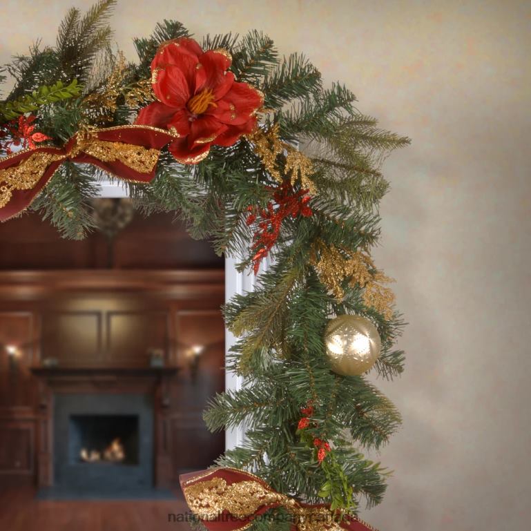 National Tree Company Artificial Christmas Garland Green Evergeen Decorated With Ball Ornaments Poinsettia Flowers Ribbon Bows Plug In Christmas Collection 6 Feet 68R08433