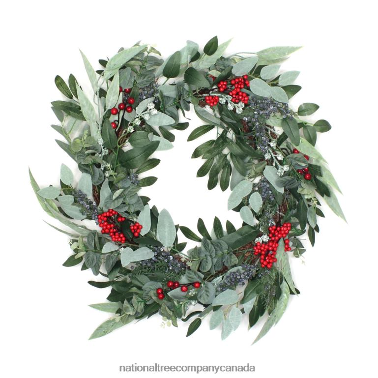 National Tree Company Artificial Christmas Leafy Eucalyptus and Berry Wreath Decorated with Flower Buds and Berry Clusters Rustic 24 in 68R08302