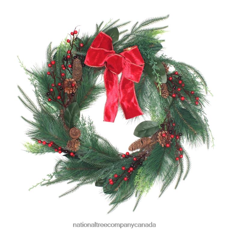 National Tree Company Artificial Christmas Mixed Pine Bristle Branch Wreath Decorated with Red Bow Berries and Pinecones 26 in 68R08323