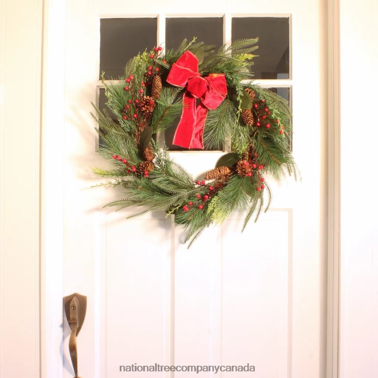 National Tree Company Artificial Christmas Mixed Pine Bristle Branch Wreath Decorated with Red Bow Berries and Pinecones 26 in 68R08323