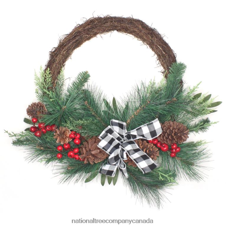 National Tree Company Artificial Christmas Mixed Pine and Berries Wreath Decorated with Red Berries Pinecones and Black  White Plaid Bow Bristle Branch Tips 24 in 68R08324