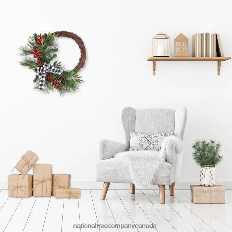National Tree Company Artificial Christmas Mixed Pine and Berries Wreath Decorated with Red Berries Pinecones and Black  White Plaid Bow Bristle Branch Tips 24 in 68R08324