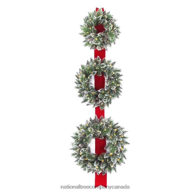 National Tree Company Artificial Christmas Three Wreath Ribbon Door Decoration Green White Lights Decorated with Frosted Branches Christmas Collection 77 Inches 68R08238