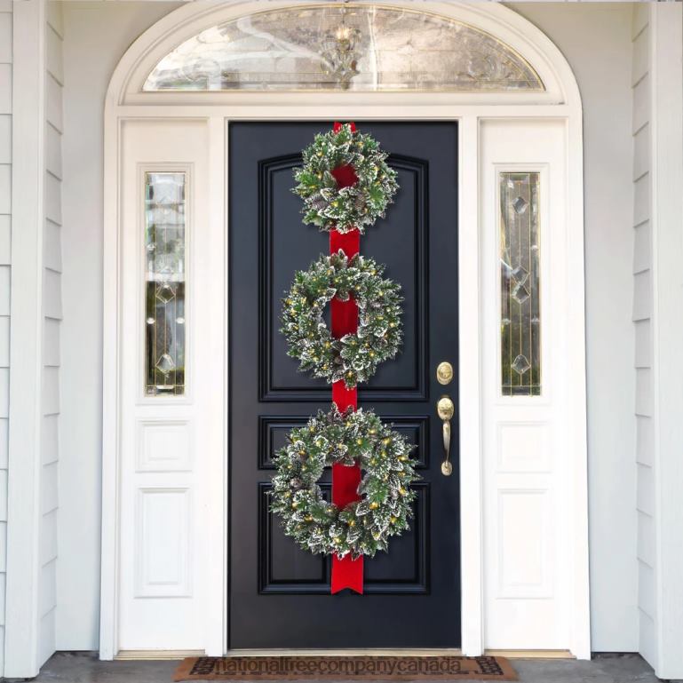 National Tree Company Artificial Christmas Three Wreath Ribbon Door Decoration Green White Lights Decorated with Frosted Branches Christmas Collection 77 Inches 68R08238