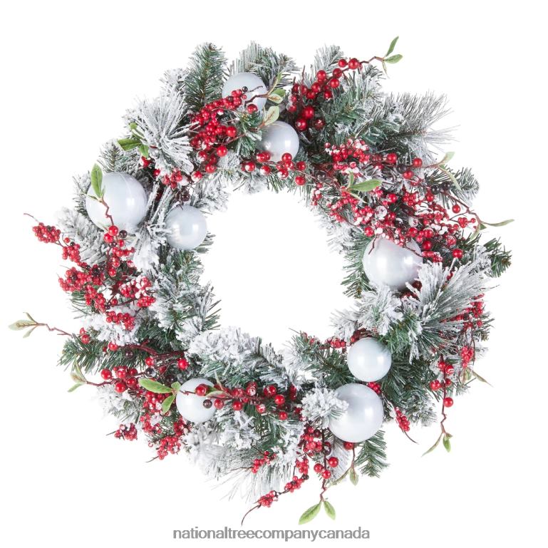 National Tree Company Artificial Christmas Wreath Green Evergreen Decorated with Frosted Branches Ball Ornaments Berry Clusters Christmas Collection 24 Inches 68R08275