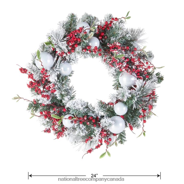 National Tree Company Artificial Christmas Wreath Green Evergreen Decorated with Frosted Branches Ball Ornaments Berry Clusters Christmas Collection 24 Inches 68R08275