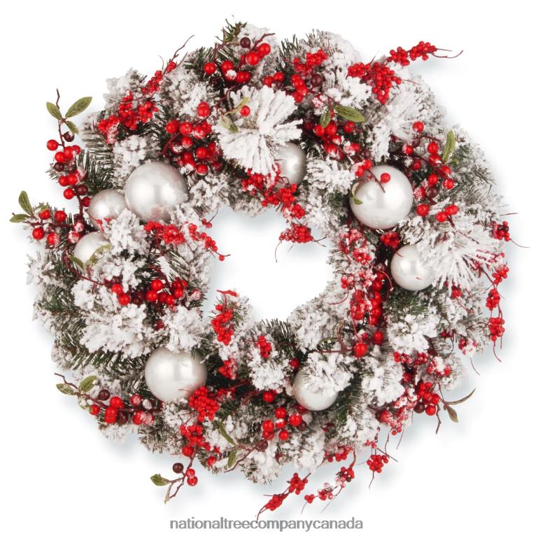 National Tree Company Artificial Christmas Wreath Green Evergreen Decorated with Frosted Branches Ball Ornaments Berry Clusters Christmas Collection 24 Inches 68R08275