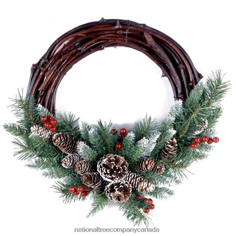 National Tree Company Artificial Christmas Wreath Green Grapevine White Lights Decorated with Pine Cones Evergreen Branches Berry Clusters Christmas Collection 16 Inches 68R08242