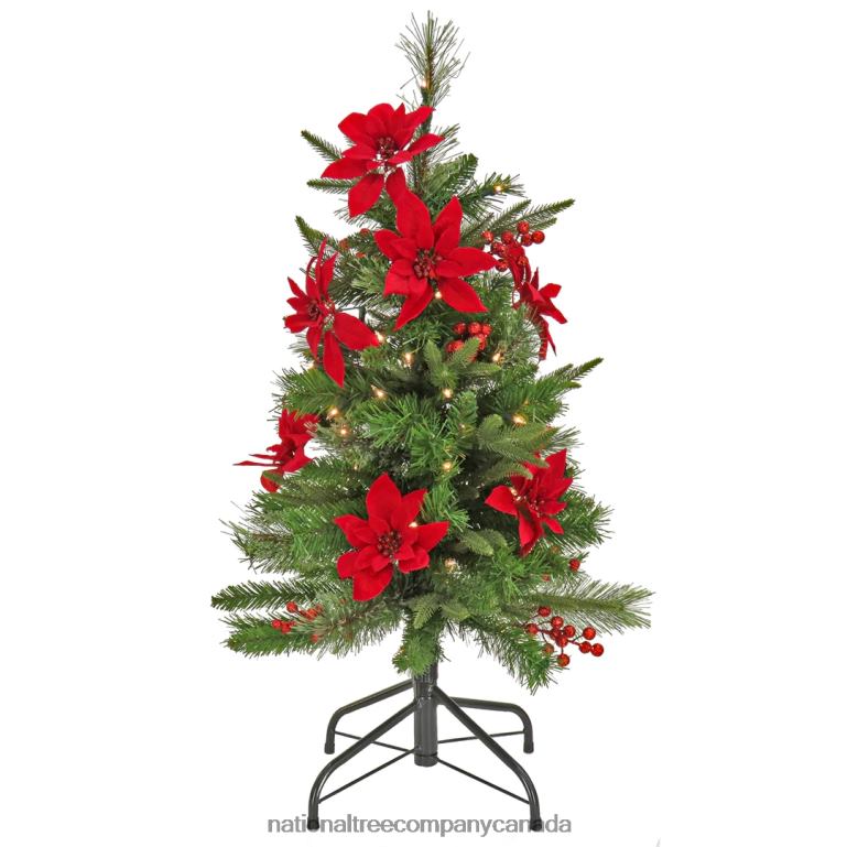National Tree Company Artificial Colonial Pencil Slim Hinged Christmas Tree with Berries and Poinsettia Flowers Pre-Lit with Clear Incandescent Lights Plug In 3 ft 68R08198