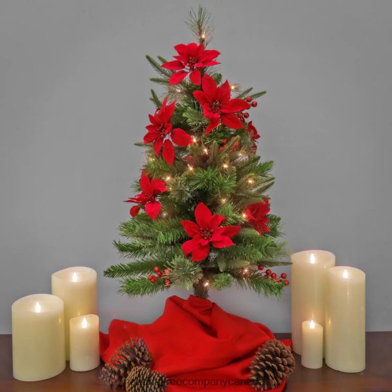 National Tree Company Artificial Colonial Pencil Slim Hinged Christmas Tree with Berries and Poinsettia Flowers Pre-Lit with Clear Incandescent Lights Plug In 3 ft 68R08198