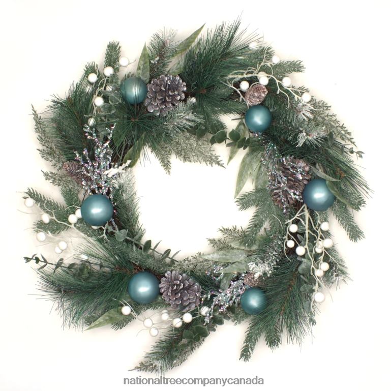 National Tree Company Artificial Decorated Evergreen Christmas Wreath with Berry Clusters Silver Pinecones and Leafy Greens 24 in 68R08321