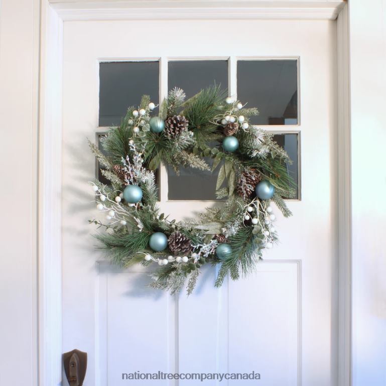National Tree Company Artificial Decorated Evergreen Christmas Wreath with Berry Clusters Silver Pinecones and Leafy Greens 24 in 68R08321