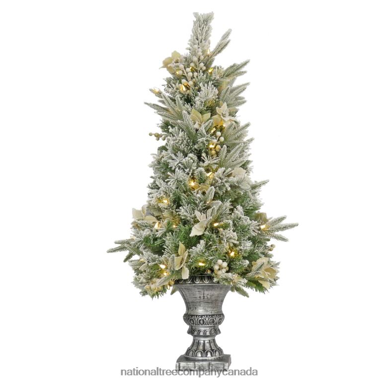 National Tree Company Artificial Frosted Colonial Fir Entrance Christmas Tree with Berries and Poinsettia Flowers Pre-Lit with Warm White LED Lights Plug In 4 ft 68R08145