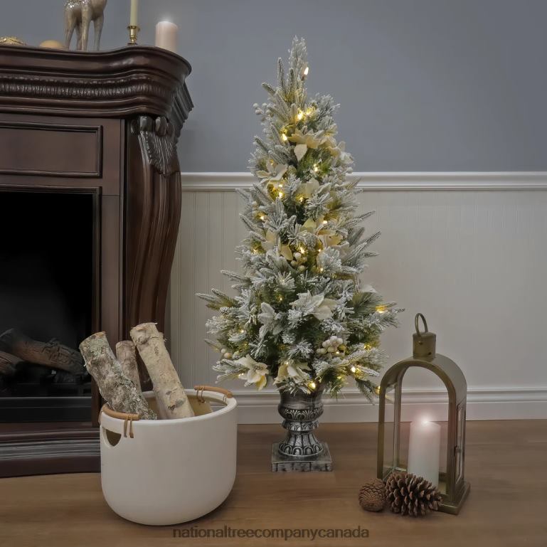 National Tree Company Artificial Frosted Colonial Fir Entrance Christmas Tree with Berries and Poinsettia Flowers Pre-Lit with Warm White LED Lights Plug In 4 ft 68R08145