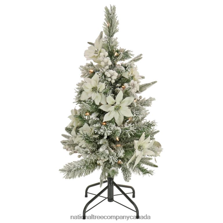 National Tree Company Artificial Frosted Colonial Pencil Slim Hinged Christmas Tree with Berries and Poinsettia Flowers Pre-Lit with Clear Incandescent Lights Plug In 3 ft 68R08166