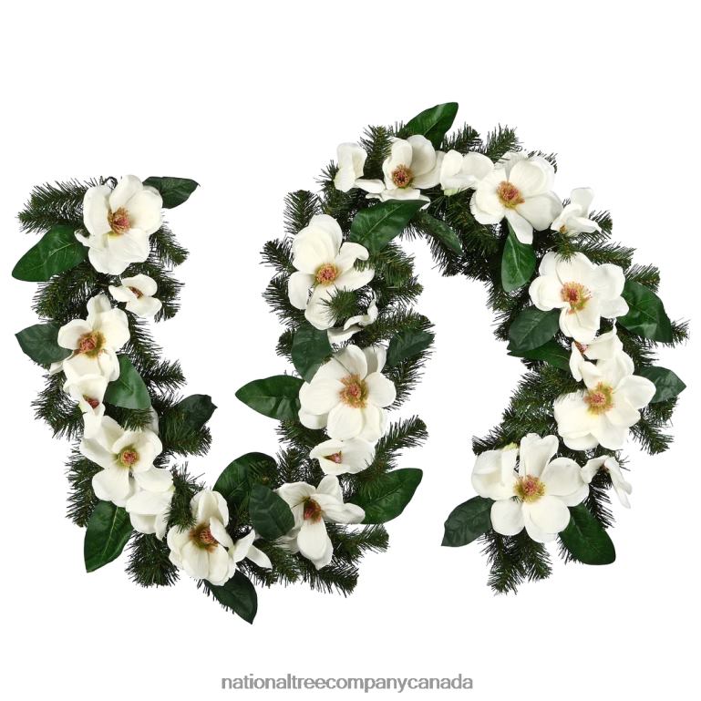 National Tree Company Artificial Garland North Valley Spruce Green Decorated with Magnolia Flower Blooms Christmas Collection 6 Feet 68R08408