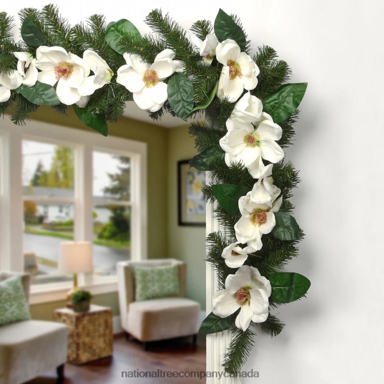 National Tree Company Artificial Garland North Valley Spruce Green Decorated with Magnolia Flower Blooms Christmas Collection 6 Feet 68R08408