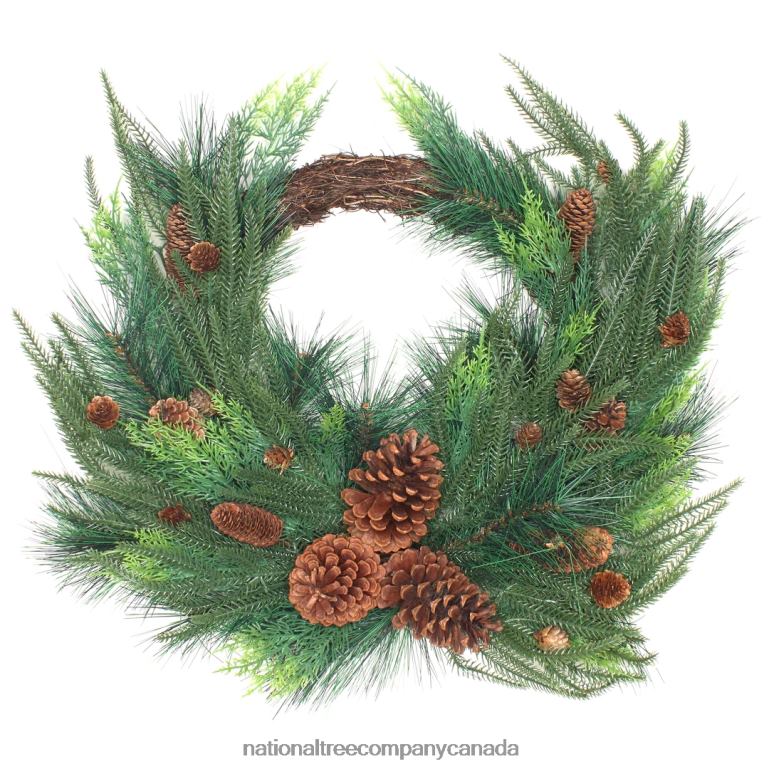 National Tree Company Artificial Mixed Bristle Branch Pine Christmas Wreath Decorated with Woven Branch Base Light Green Cypress Tips and Pinecones 26 in 68R08286