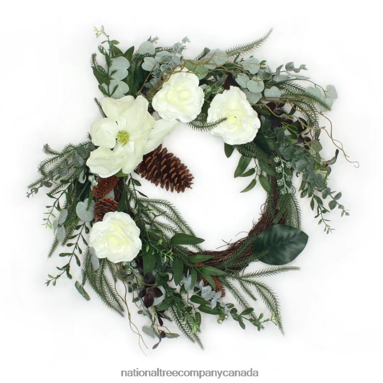 National Tree Company Artificial Mixed Greens and White Flowers Christmas Wreath Decorated with Roses Magnolia Flower Blooms Pinecones 26 in 68R08319