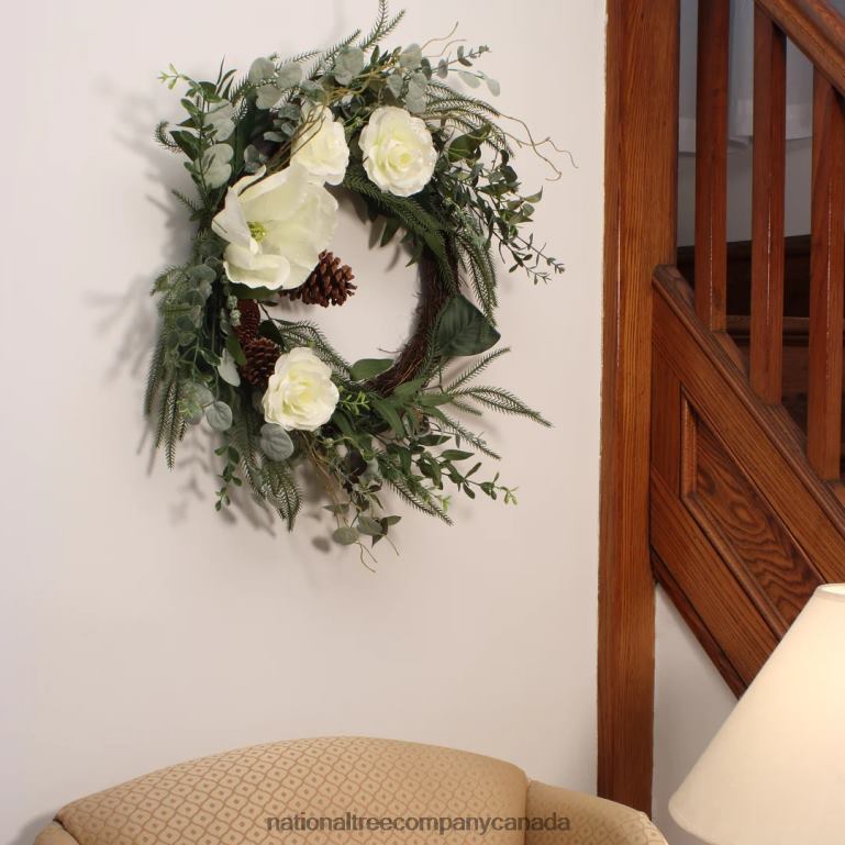 National Tree Company Artificial Mixed Greens and White Flowers Christmas Wreath Decorated with Roses Magnolia Flower Blooms Pinecones 26 in 68R08319