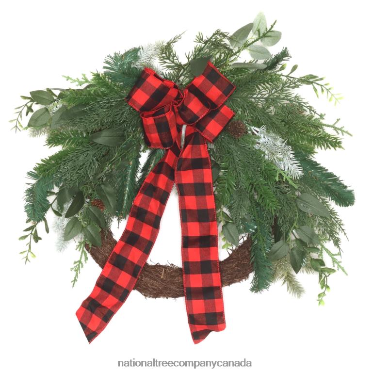 National Tree Company Artificial Mixed Pine and Bow Christmas Wreath Evergreen Branch Tips and Leafy Greens Decorated with Petite Pinecones Red  Black Plaid Bow 22 in 68R08318