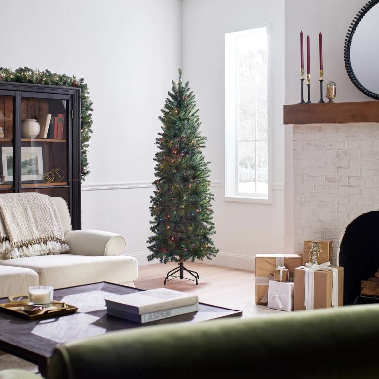National Tree Company Artificial Pre-Lit Slim Christmas Tree Green Kingswood Fir Multicolor Lights Includes Stand 65 Feet 68R0826