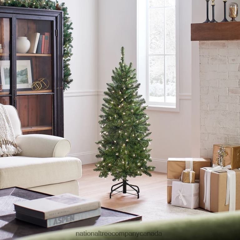 National Tree Company Artificial Pre-Lit Slim Christmas Tree Green Kingswood Fir White Lights Includes Stand 45 Feet 68R088