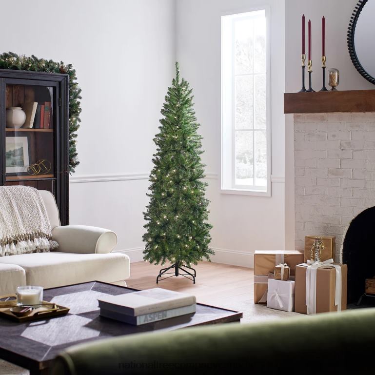 National Tree Company Artificial Pre-Lit Slim Christmas Tree Green Kingswood Fir White Lights Includes Stand 6 Feet 68R0840
