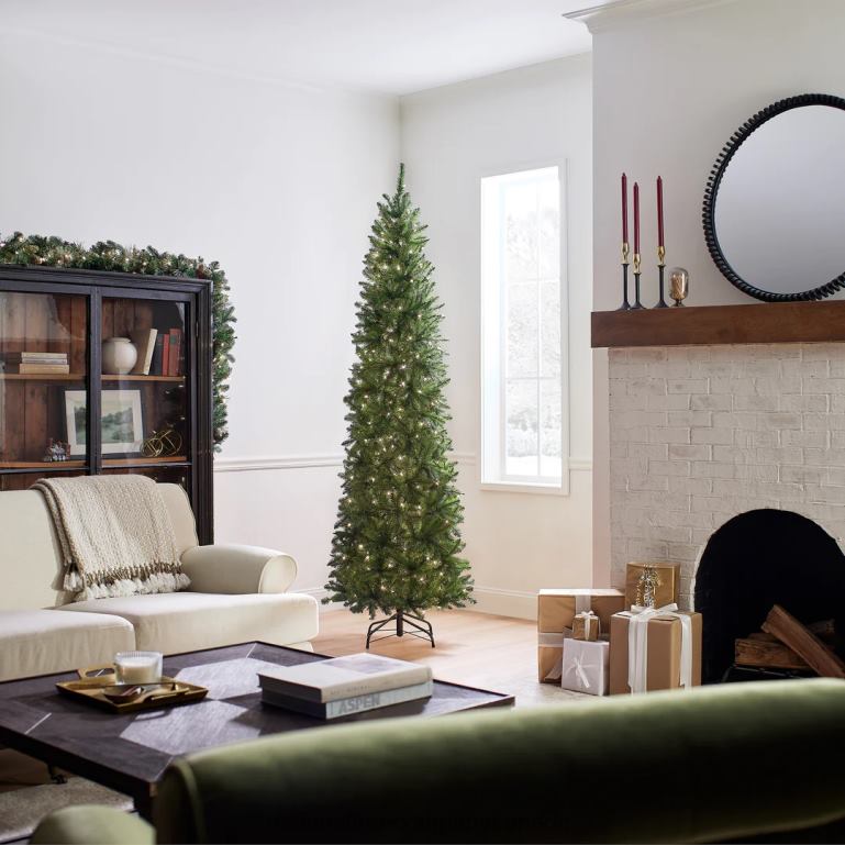 National Tree Company Artificial Pre-Lit Slim Christmas Tree Green Kingswood Fir White Lights Includes Stand 75 Feet 68R0835