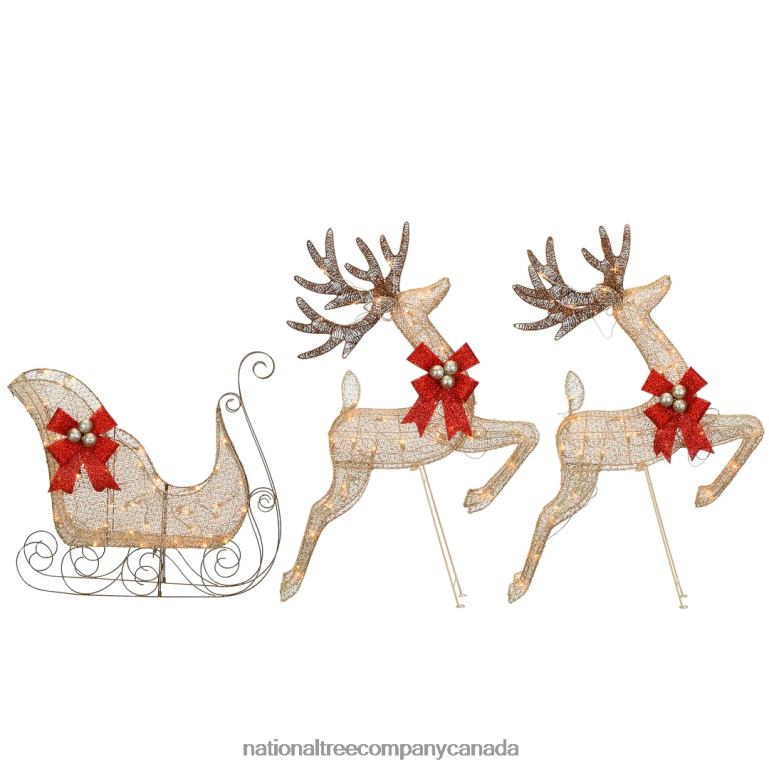 National Tree Company Champagne Reindeer and Sleigh with Clear Lights 68R08609