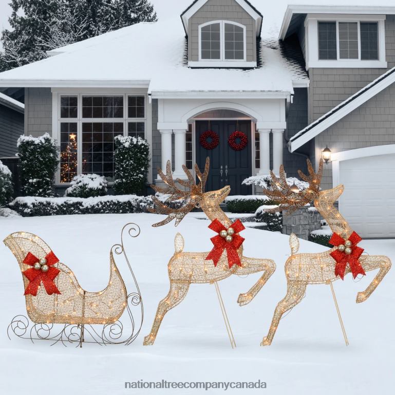 National Tree Company Champagne Reindeer and Sleigh with Clear Lights 68R08609