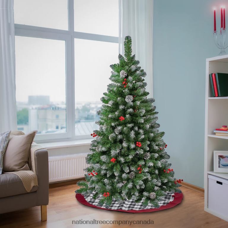 National Tree Company First Frosted Traditions Christmas Tree with Hinged Branches Pinecones and Red Berries 45 ft 68R0813