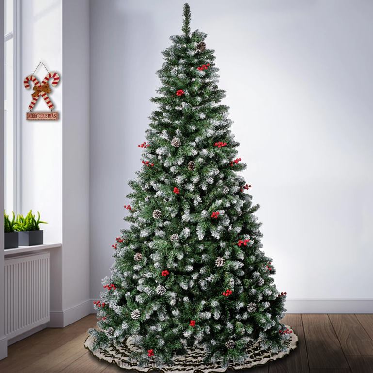 National Tree Company First Frosted Traditions Christmas Tree with Hinged Branches Pinecones and Red Berries 75 ft 68R0895