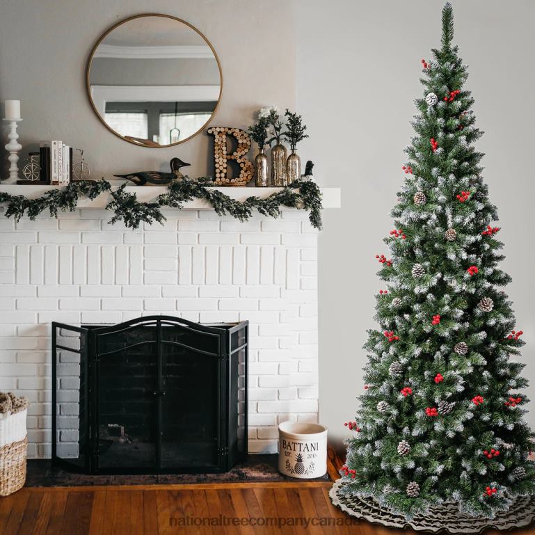 National Tree Company First Frosted Traditions Slim Christmas Tree with Hinged Branches Pinecones and Red Berries 75 ft 68R08185