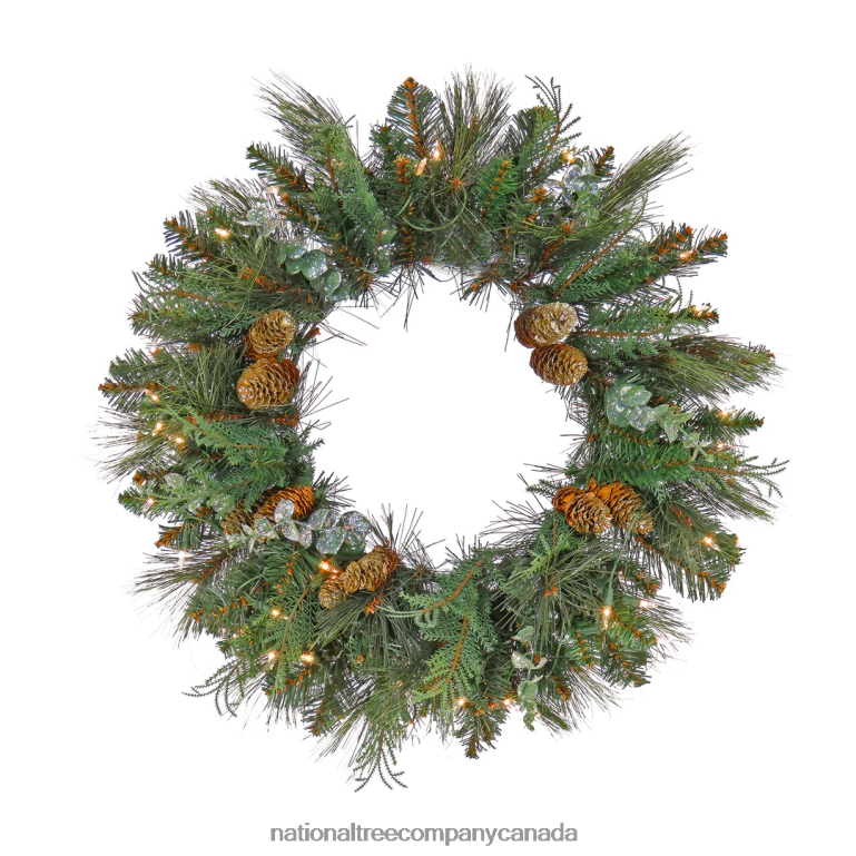 National Tree Company First Traditions Collection 24 Pre-Lit Artificial North Conway Wreath with Glittery Cones and Eucalyptus 68R08266