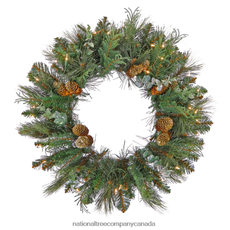 National Tree Company First Traditions Collection 30 Pre-Lit Artificial North Conway Wreath with Glittery Cones and Eucalyptus 100 Warm White LED Lights- Battery Operated with Timer 68R08245