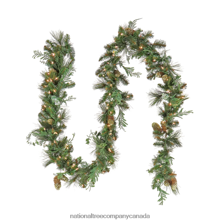 National Tree Company First Traditions Collection 9 ft Pre-Lit Artificial North Conway Garland with Glittery Cones and Eucalyptus 100 Clear Lights 68R08356