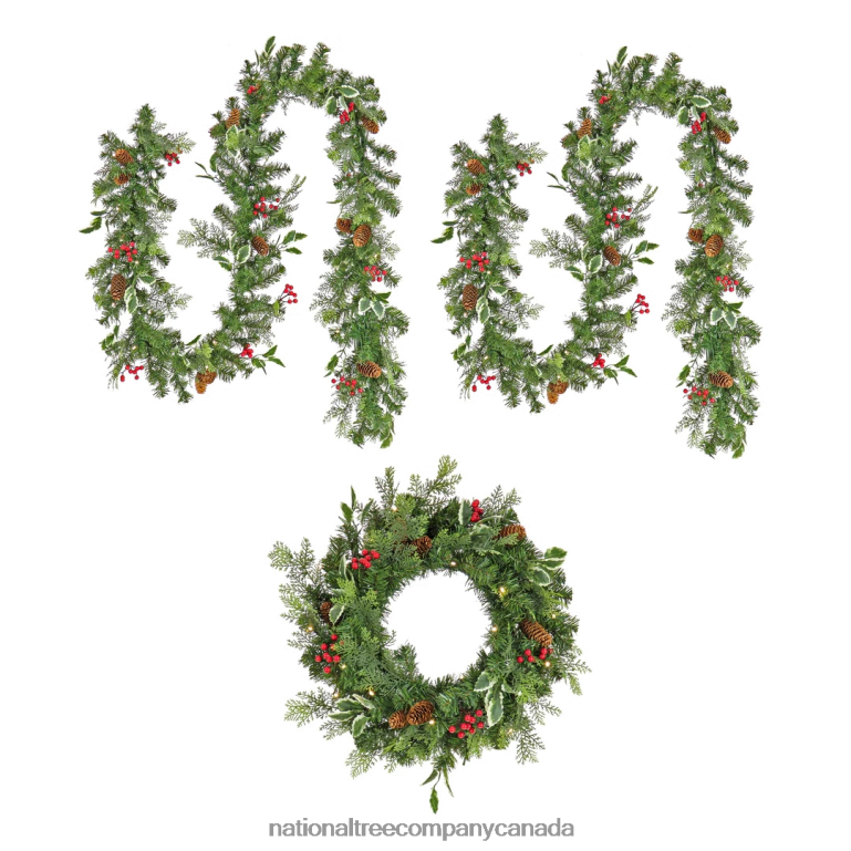 National Tree Company First Traditions Collection Pre-Lit Holly Berry Wreath and Garland 3pc Set 68R08368