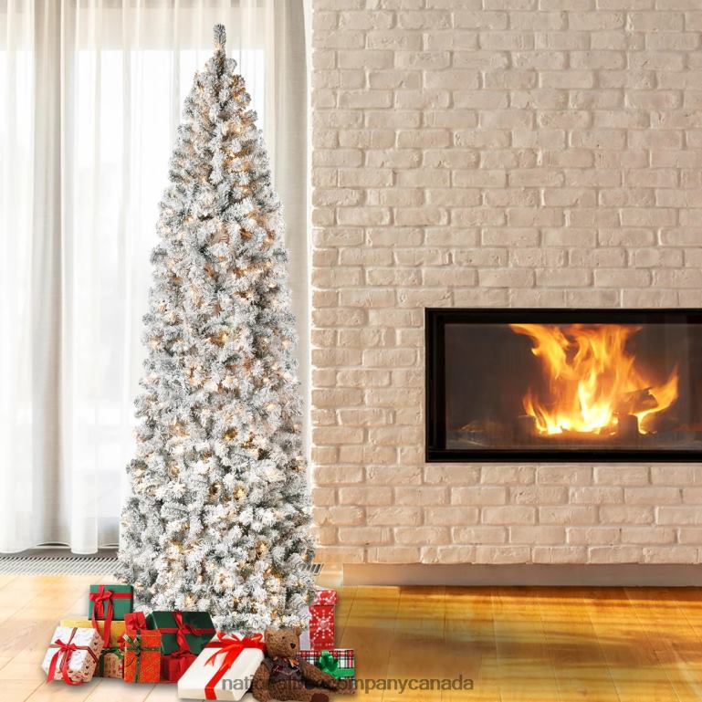 National Tree Company First Traditions Pre-Lit Acacia Flocked Tree Slim Christmas Tree Clear Incandescent Lights Plug In 9 ft 68R08116